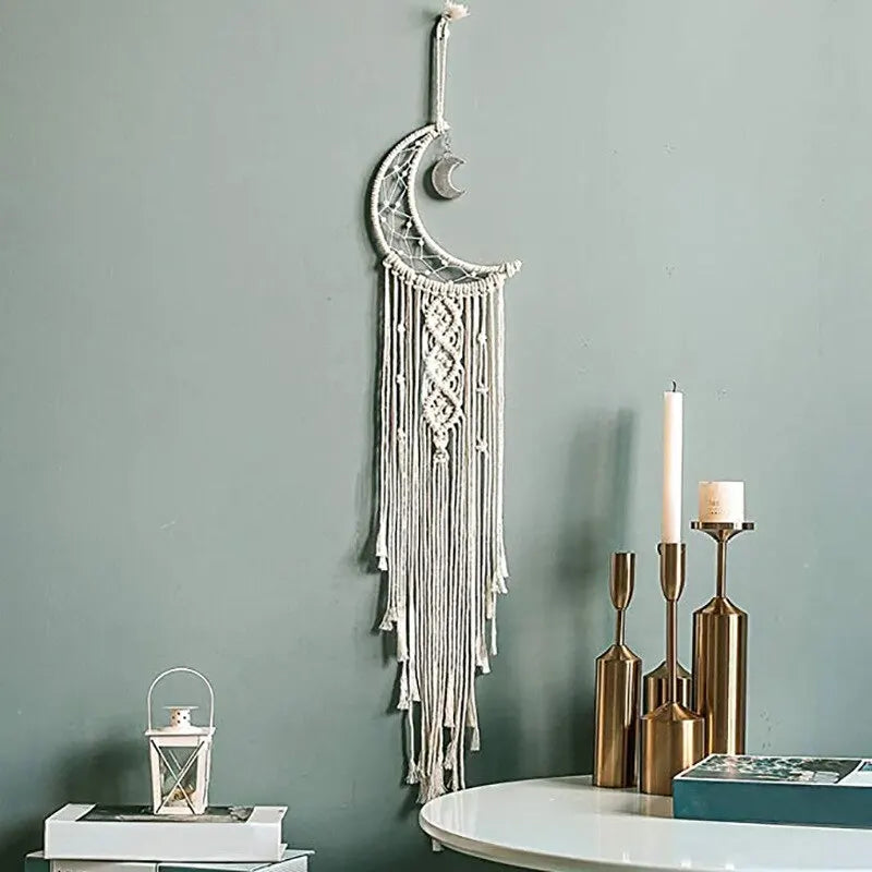 Macramé Mural Lune 96 cm – Tenture Murale Bohème Écrue à Croissant de Lune, Franges et Nœuds, Décoration Murale Zen pour Chambre ou Salon, Idée Cadeau