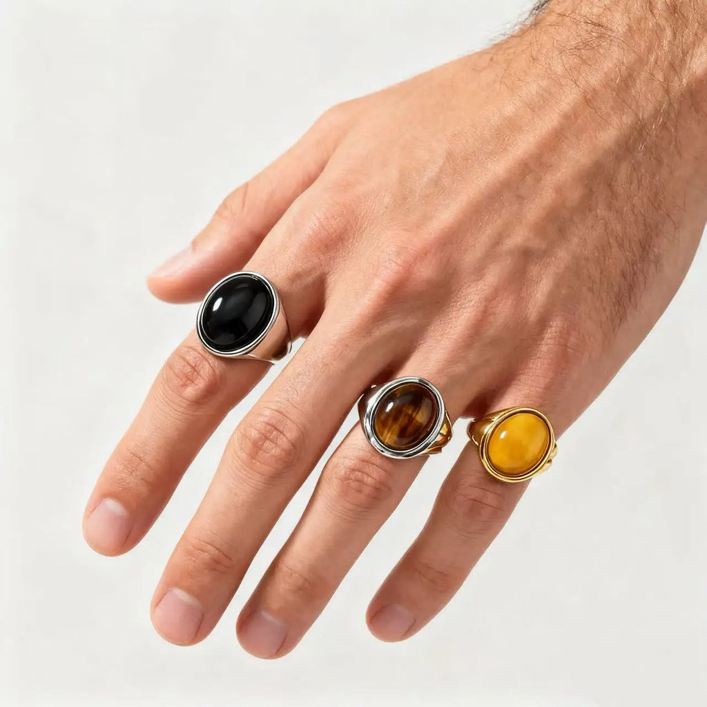 Chevalière Homme en Acier Inoxydable – Cabochon Onyx Noir, Œil de Tigre ou Aventurine, Argenté ou Doré