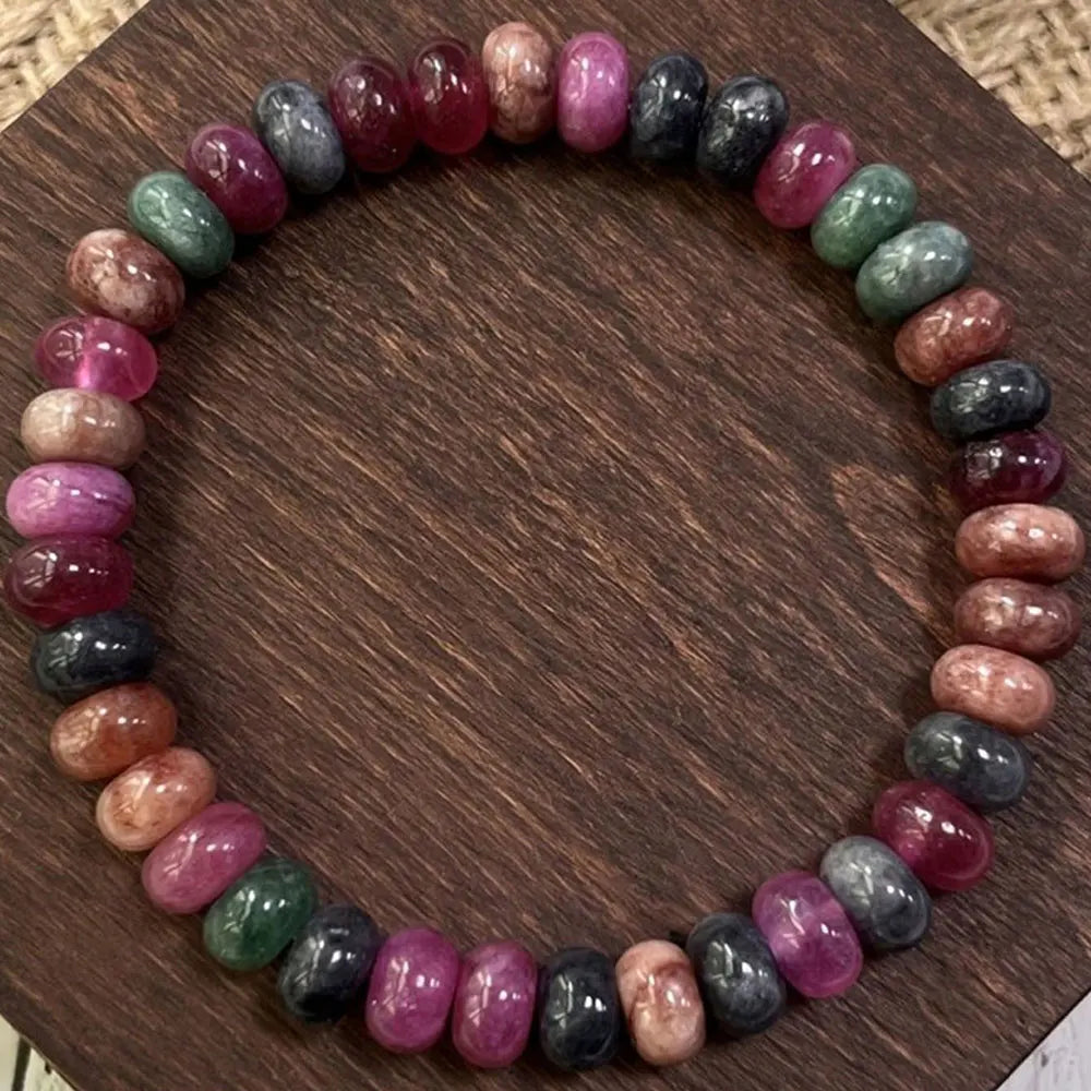 Bracelet Tourmaline Multicolore Naturelle – Tourmaline Arc-en-Ciel, Perles Rondes, 18 cm
