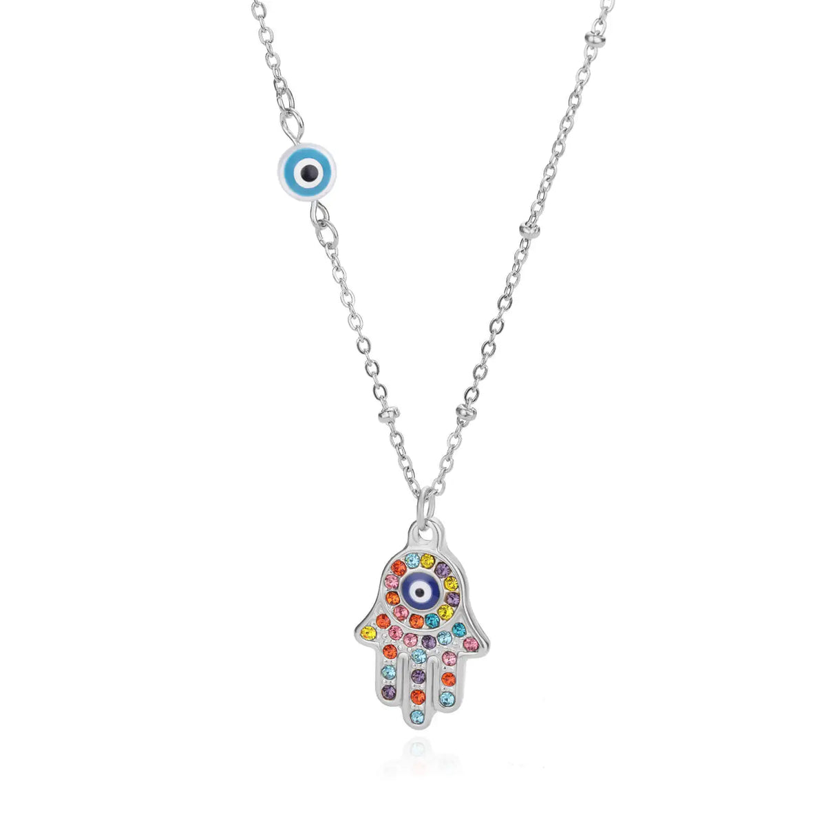 Collier Main de Fatma et Œil Turc en Acier Inoxydable – Pendentif Coloré, Doré ou Argenté, 45 cm