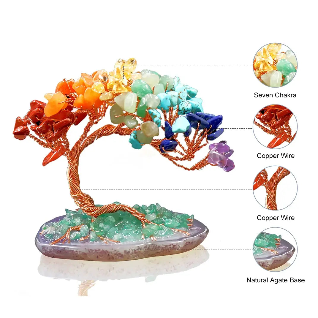 Arbre de Fortune 7 Chakras – Pierres Roulées sur Base en Agate, Fil de Cuivre, Décoration Feng Shui