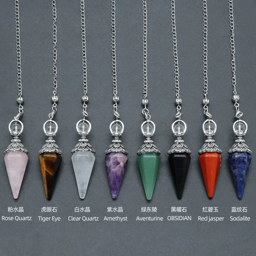 Pendule Cône Hexagonal en Pierre Naturelle Facettée – Quartz Rose, Améthyste, Œil de Tigre… 8 Pierres