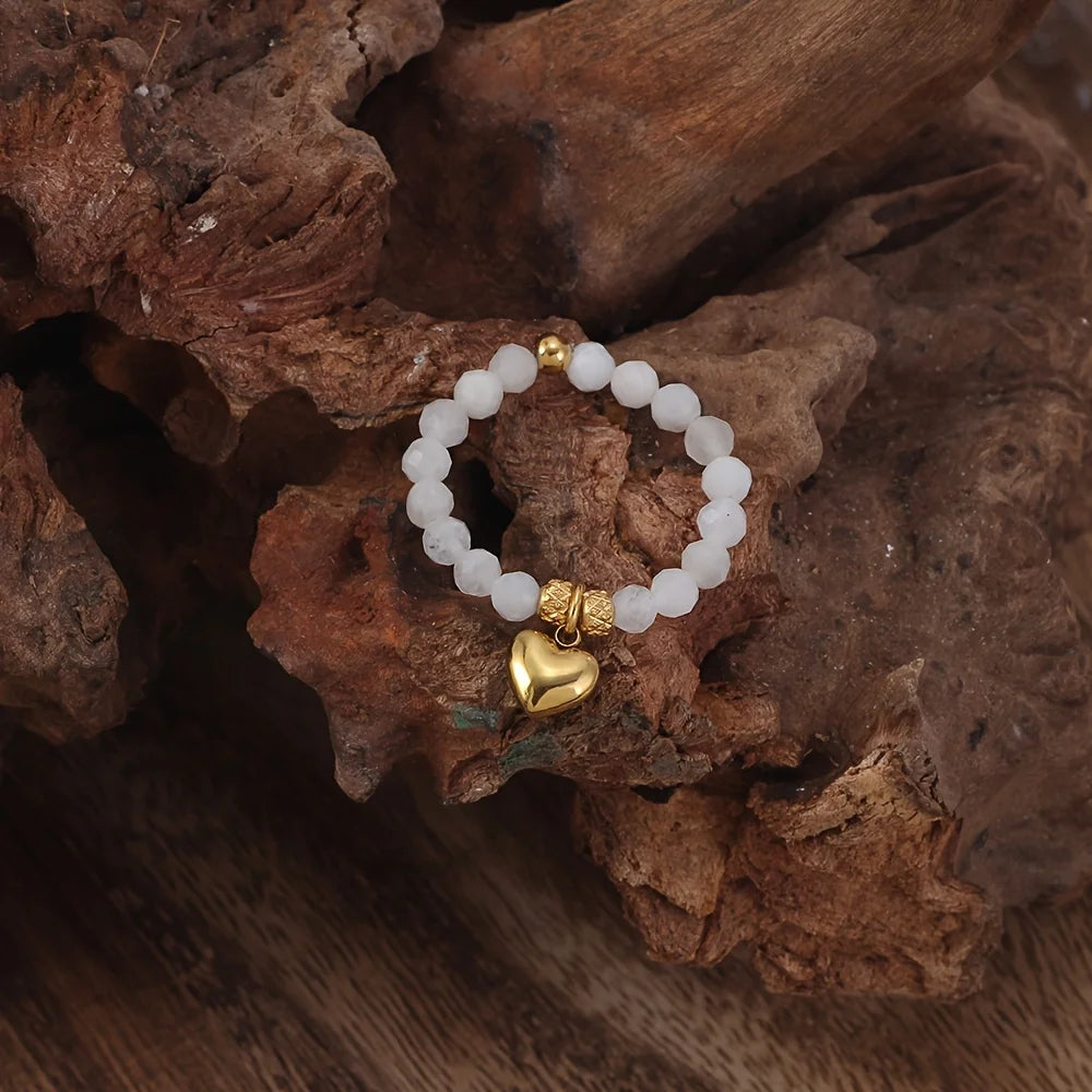 Bague Perlée Extensible en Pierres Naturelles – Cœur, Trèfle, Améthyste, Labradorite…