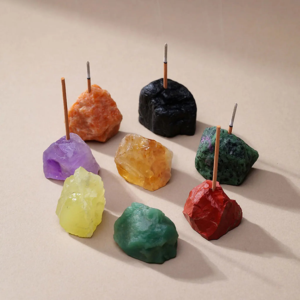 Porte-Encens en Pierre Brute Naturelle – Améthyste, Quartz Rose, Citrine, Labradorite… 13 Pierres