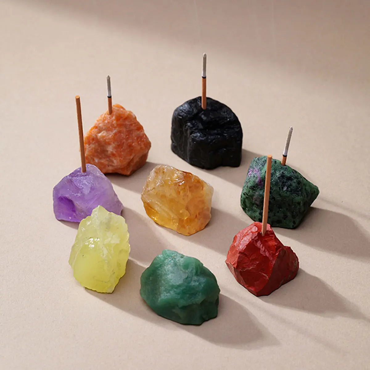 Porte-Encens en Pierre Brute Naturelle – Améthyste, Quartz Rose, Citrine, Labradorite… 13 Pierres
