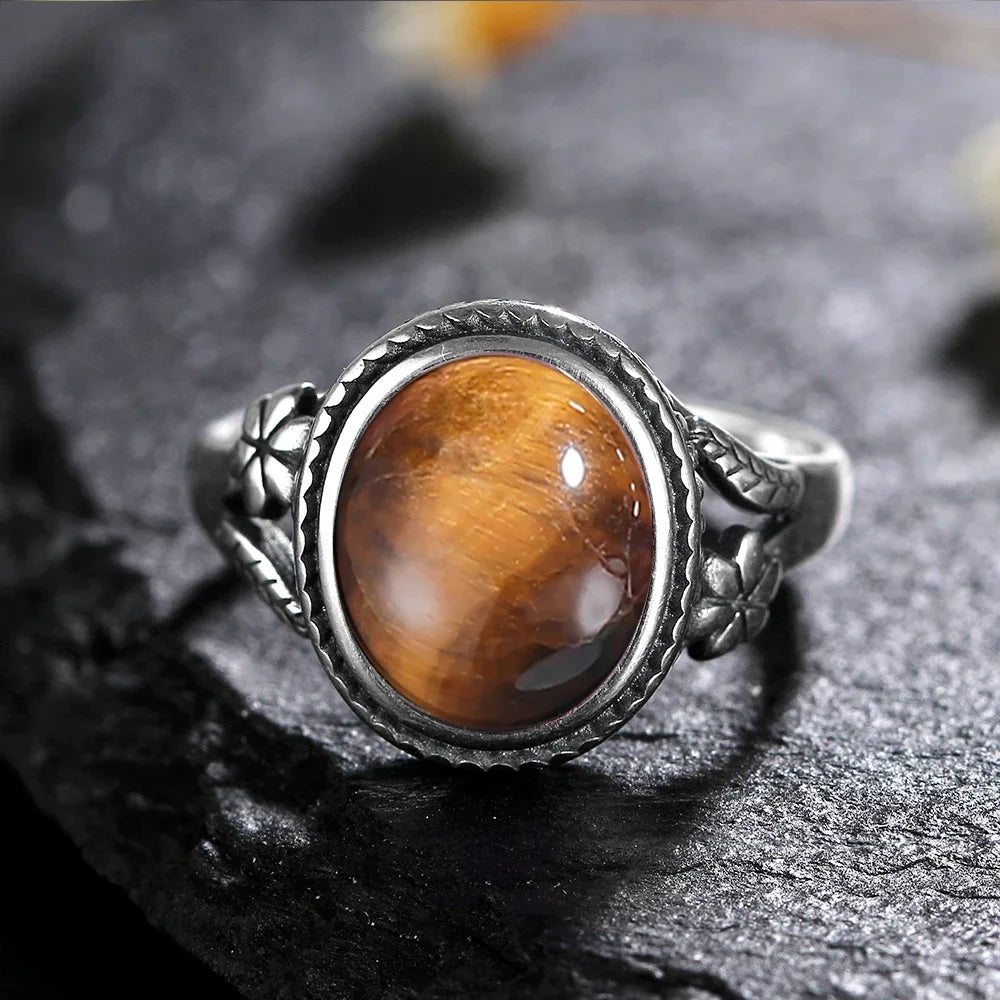 Bague Vintage Ovale en Pierre Naturelle – Monture Argentée Ciselée, Pierre de Lune, Labradorite, Charoïte…