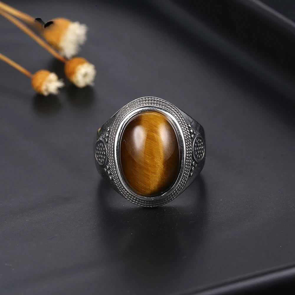 Bague Cabochon Ovale 10 x 14 mm – Monture Argentée Ciselée Unisexe, Œil de Tigre, Labradorite, Lapis…