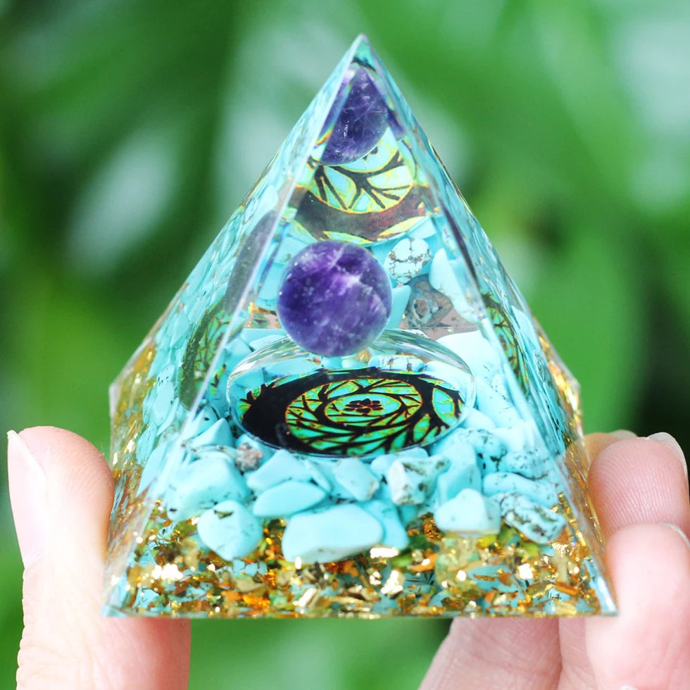 Pyramide d'Orgonite à Sphère d'Améthyste – 5 cm, Arbre de Vie, Chakras, 35 Modèles