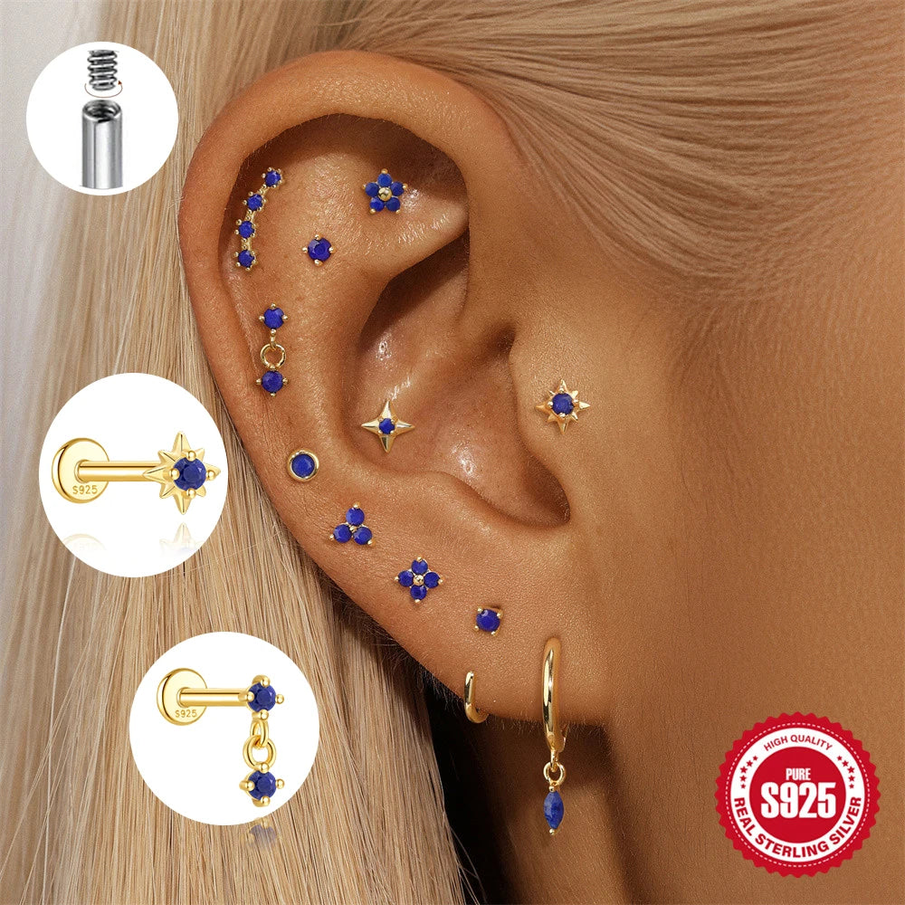 Piercing en Argent 925 et Lapis-Lazuli – Clou Plat Étoile, Fleur, Papillon, 16 Modèles Doré ou Argenté