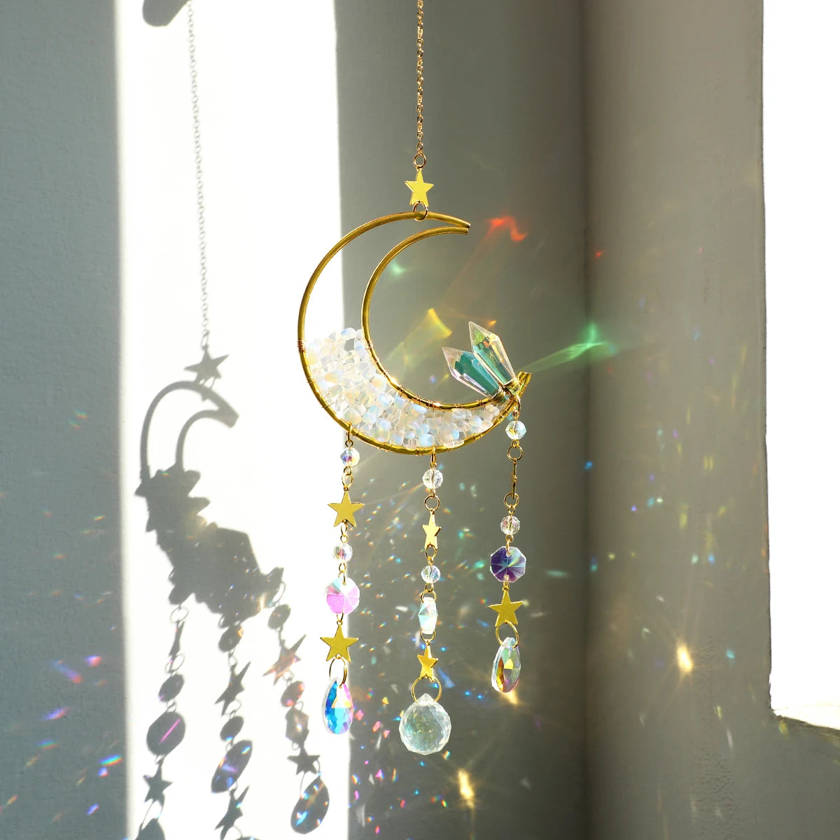 Attrape-Soleil Lune en Cristal – Suspension Arc-en-Ciel avec Éclats de Pierres et Prismes, 17 Modèles