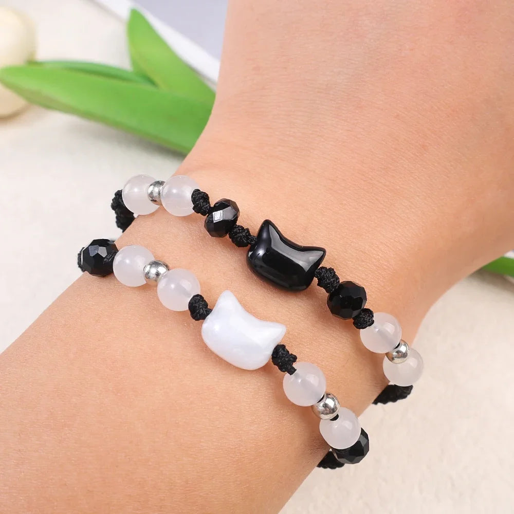 Bracelets Chat Pierre de Lune et Obsidienne – Cordon Tressé Réglable, à l'Unité ou en Duo