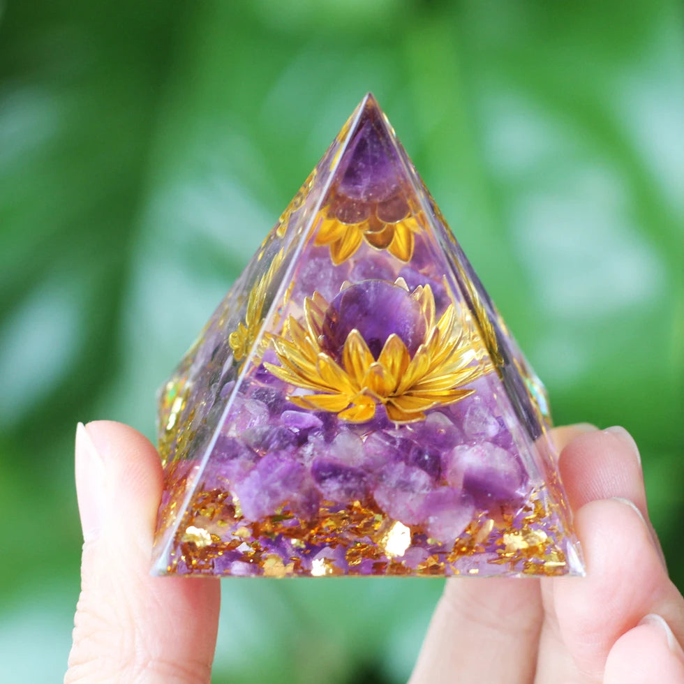 Pyramide d'Orgonite à Sphère d'Améthyste – 5 cm, Arbre de Vie, Chakras, 35 Modèles