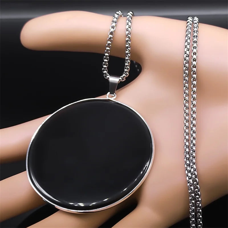 Collier Grand Médaillon en Obsidienne Noire – Chaîne Acier 60 cm, Argenté ou Doré, Unisexe
