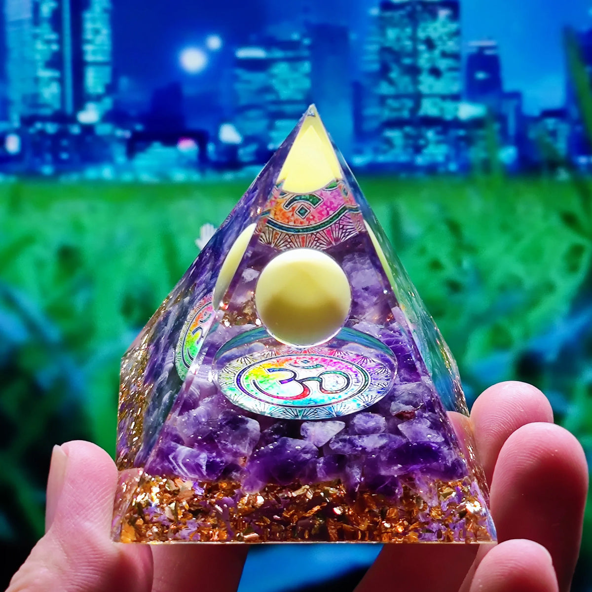 Pyramide d'Orgonite à Sphère d'Améthyste – 5 cm, Arbre de Vie, Chakras, 35 Modèles