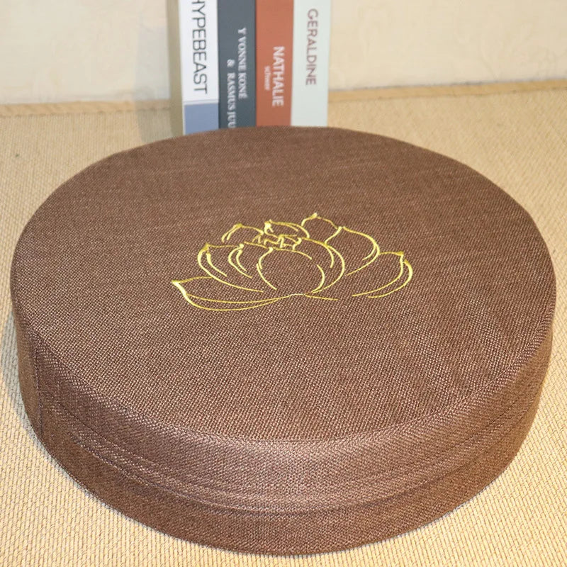 Coussin de Méditation Rond en Lin 40 cm – Brodé Fleur de Lotus, Housse Déhoussable, 9 Coloris