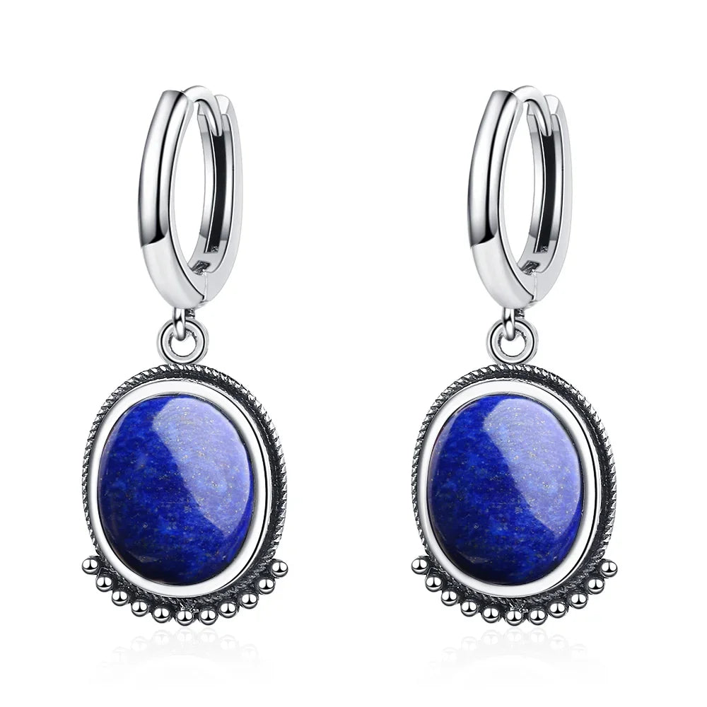 Boucles d'Oreilles Créoles Vintage à Cabochon Ovale – Pierre de Lune, Labradorite, Améthyste… Plaqué Argent