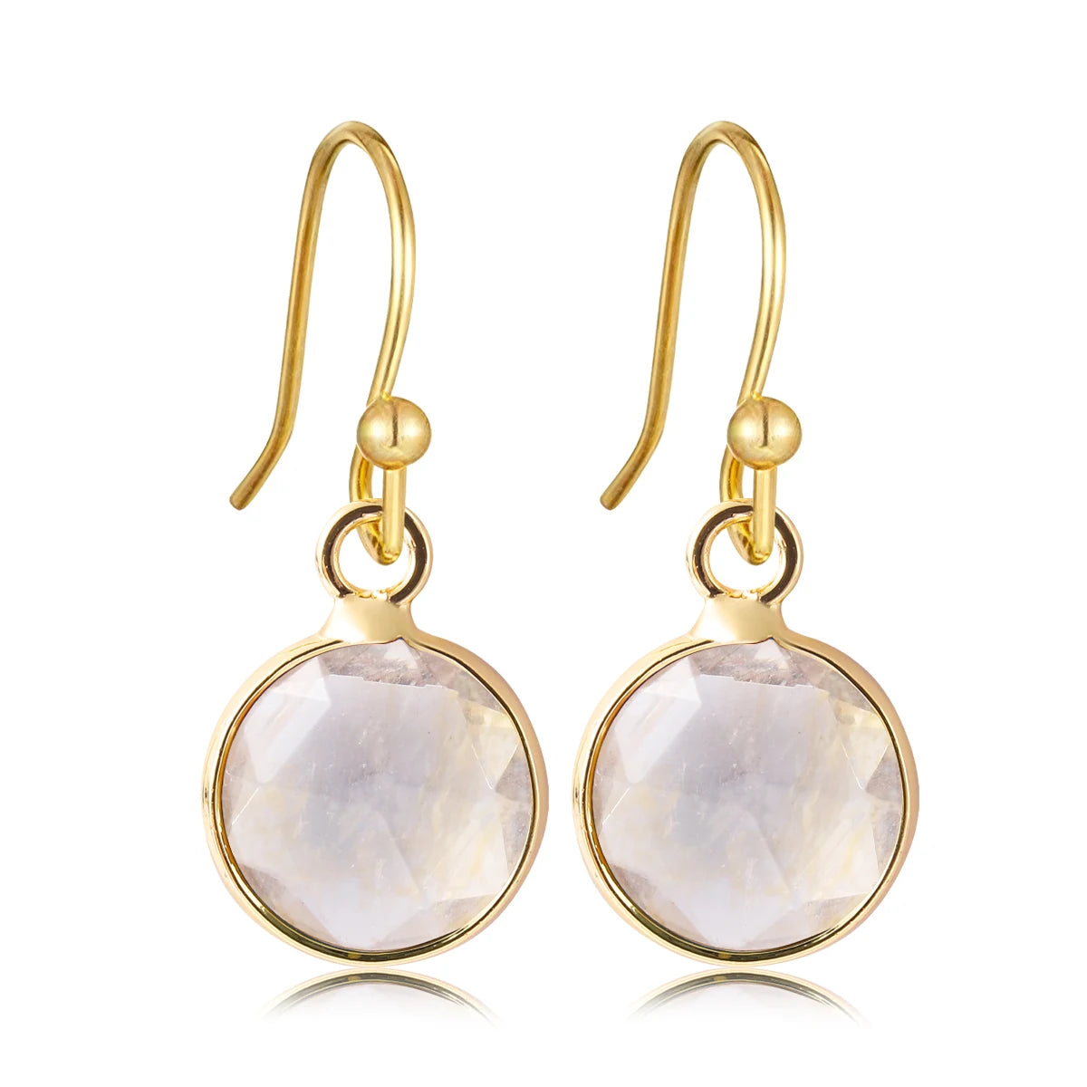 Boucles d'Oreilles Rondes en Pierre Naturelle Facettée – Crochets Acier Doré, 17 Pierres au Choix