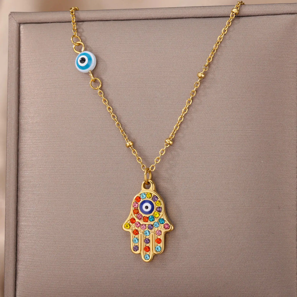 Collier Main de Fatma et Œil Turc en Acier Inoxydable – Pendentif Coloré, Doré ou Argenté, 45 cm