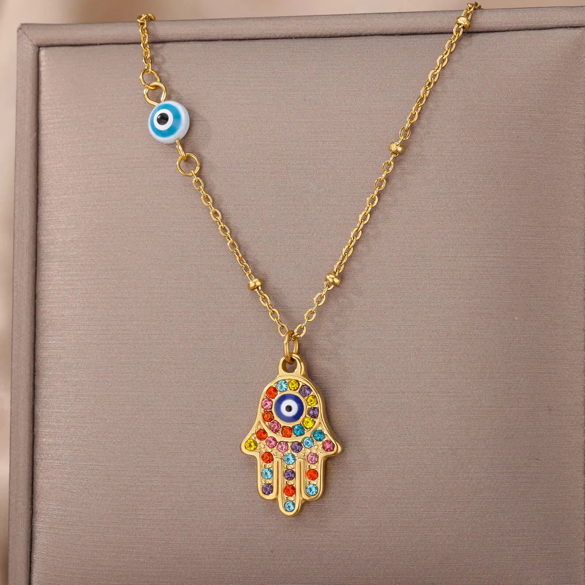 Collier Main de Fatma et Œil Turc en Acier Inoxydable – Pendentif Coloré, Doré ou Argenté, 45 cm