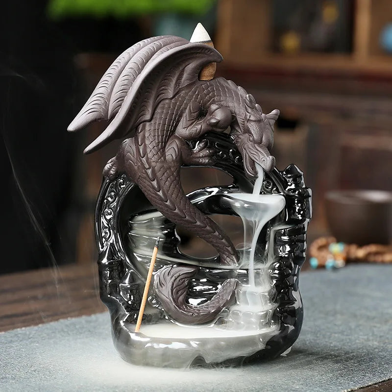 Brûleur d'Encens à Reflux Dragon en Céramique – Cascade de Fumée, Pièce de Décoration