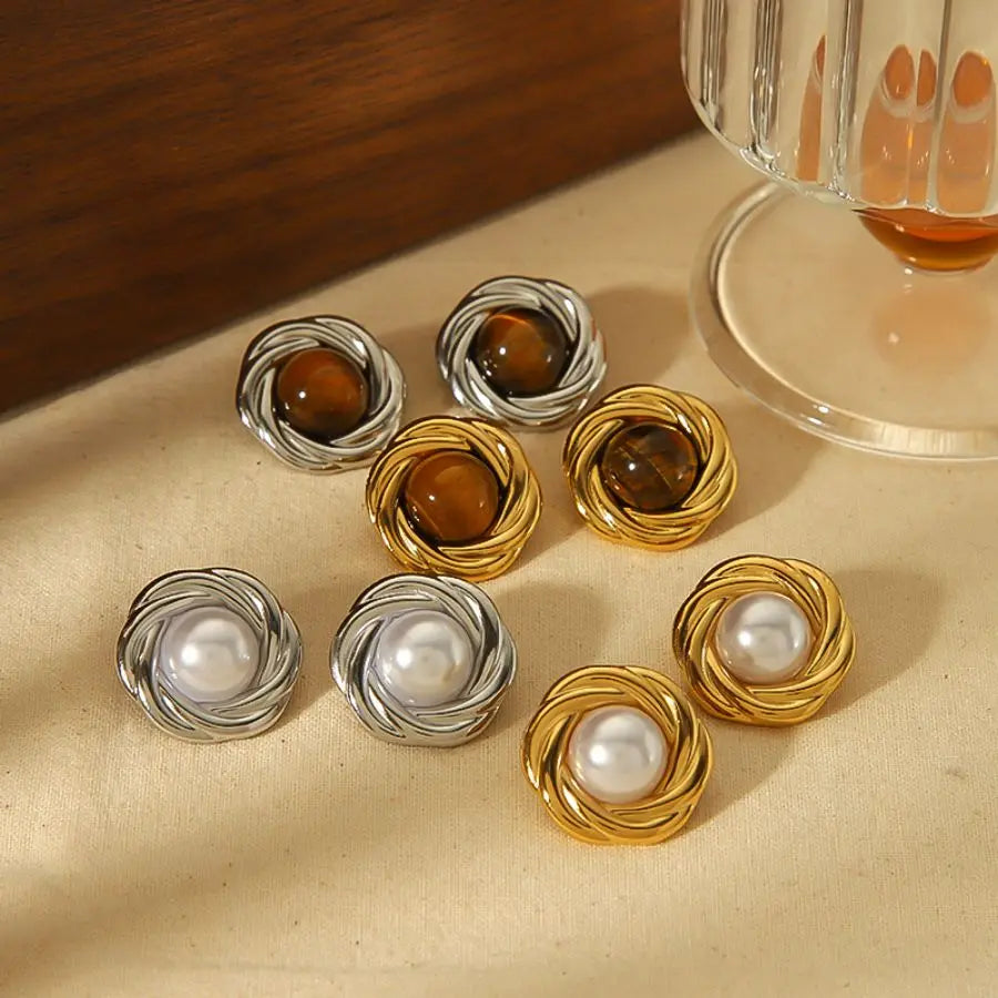 Boucles d'Oreilles Puces Œil de Tigre en Acier Inoxydable – Monture Torsadée, Doré ou Argenté