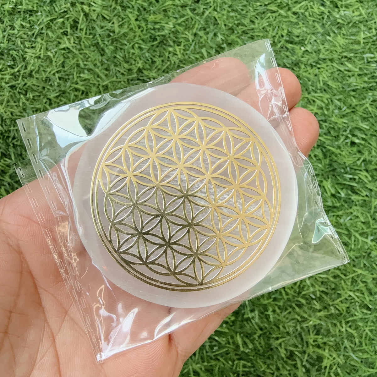 Plaque de Sélénite Fleur de Vie – Disque de Rechargement pour Pierres et Bijoux
