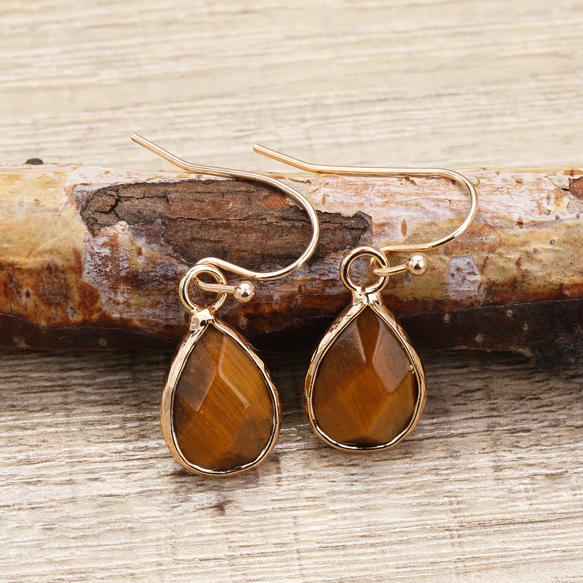 Boucles d'Oreilles Gouttes Facettées en Pierre Naturelle – Acier Doré ou Argenté, 11 Pierres