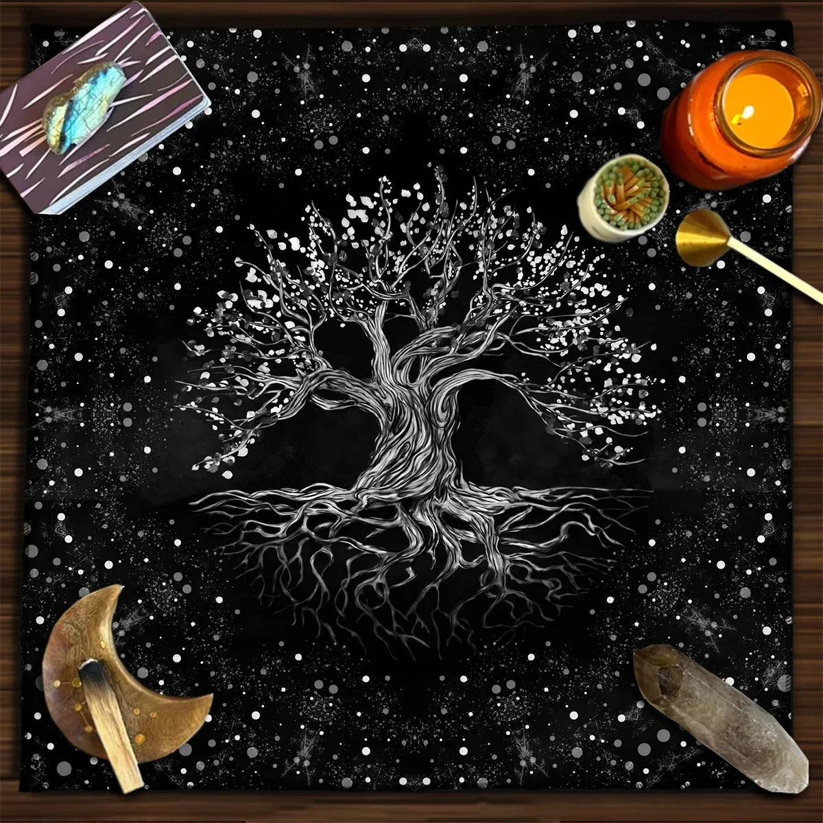 Nappe de Tarot Arbre de Vie en Velours – 15 Motifs : Arbre Doré, Phases de Lune, 50 ou 75 cm