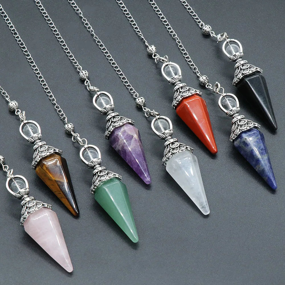 Pendule Cône Hexagonal en Pierre Naturelle Facettée – Quartz Rose, Améthyste, Œil de Tigre… 8 Pierres