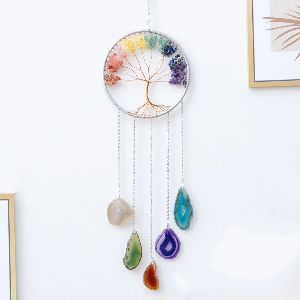 Attrape-Rêves en Pierres Naturelles et Tranches d'Agate – Lune ou Arbre de Vie, 29 Modèles, Décoration Murale