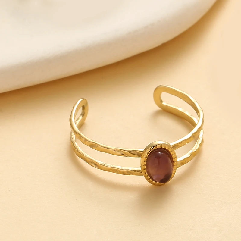 Bague Pierre Naturelle Ajustable – Acier Inoxydable, Style Vintage, 5 Pierres au Choix