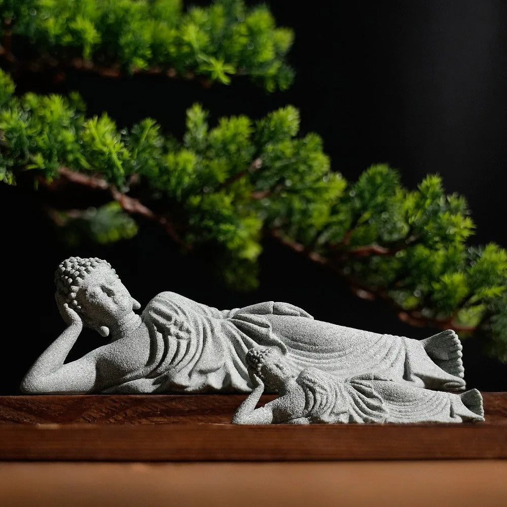 Statue Bouddha Couché en Pierre Reconstituée – Décoration Zen Intérieur, Bonsaï ou Jardin