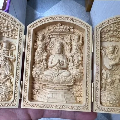 Triptyque Bouddhiste en Bois Sculpté – Autel Portable Pliant à 3 Volets, 11 Modèles
