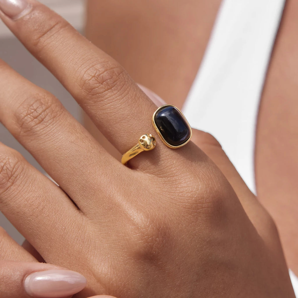 Bague Obsidienne Noire Ajustable – Acier Inoxydable Plaqué Or 18 Carats, Femme