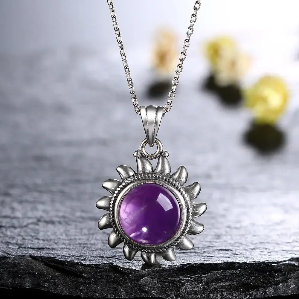 Collier Soleil Argent 925 – Lapis-Lazuli, Améthyste, Pierre de Lune ou Quartz Rose, Style Vintage