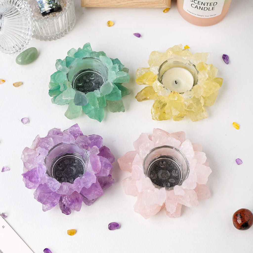 Bougeoir en Pierre Brute Naturelle – Photophore Cristal, Améthyste, Quartz Rose, Pierre de Soleil…