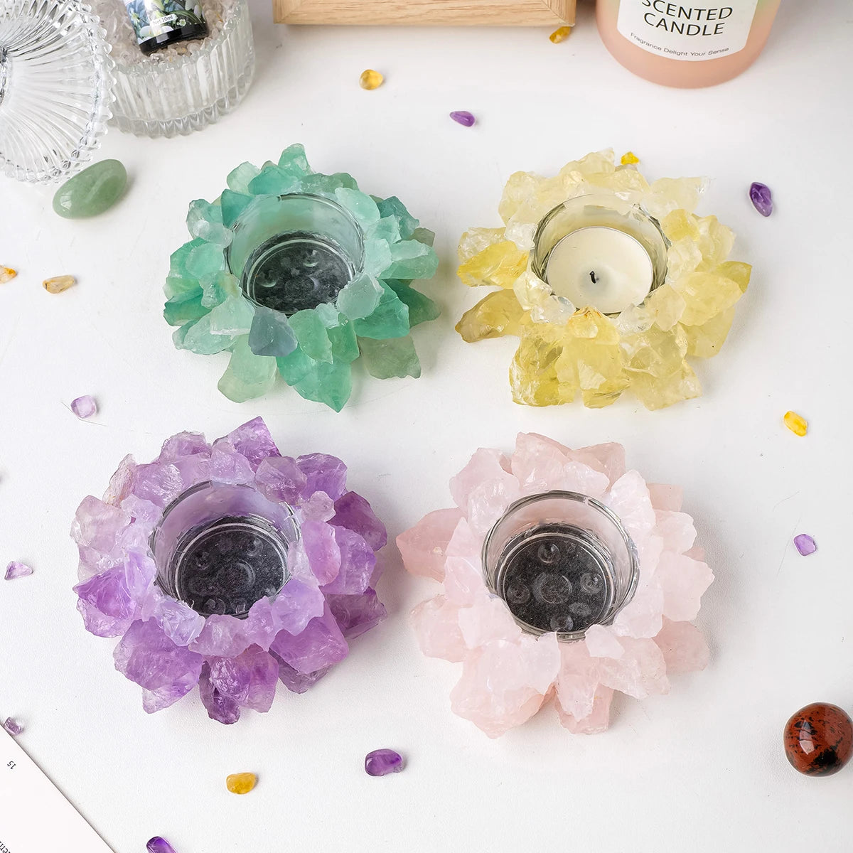 Bougeoir en Pierre Brute Naturelle – Photophore Cristal, Améthyste, Quartz Rose, Pierre de Soleil…