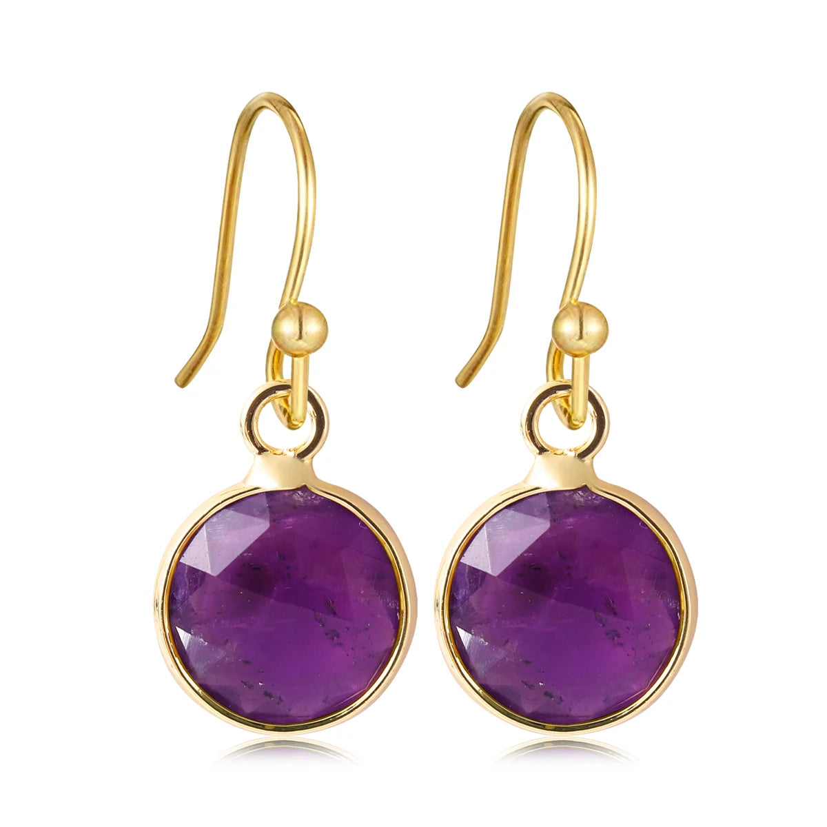 Boucles d'Oreilles Rondes en Pierre Naturelle Facettée – Crochets Acier Doré, 17 Pierres au Choix