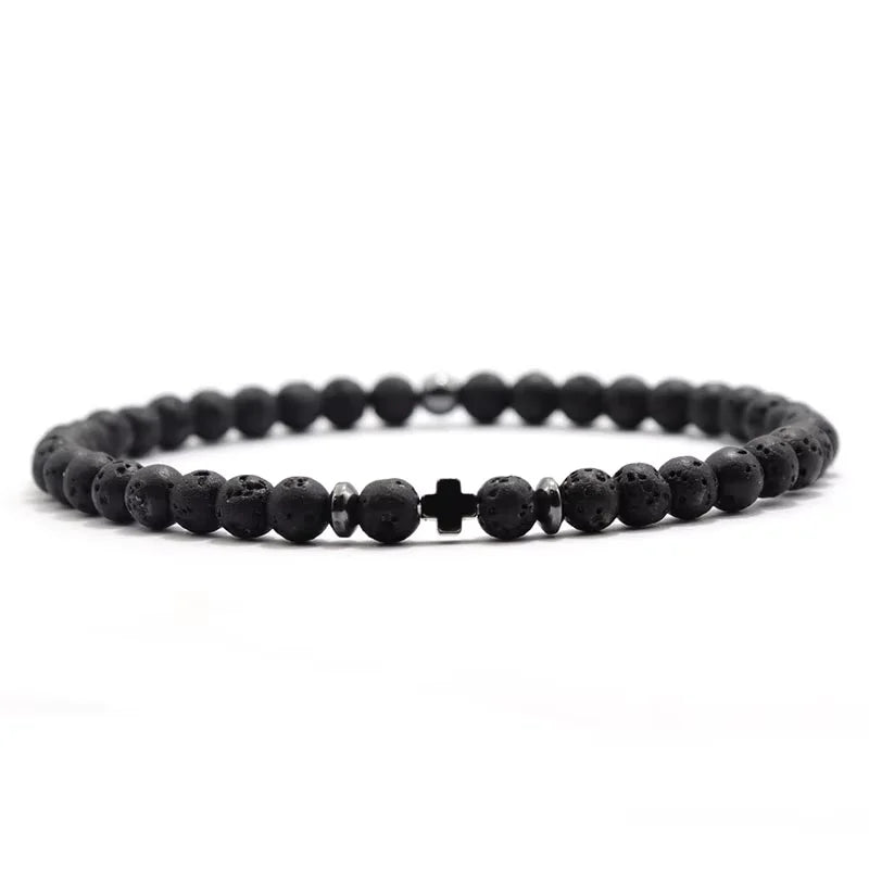 Bracelet Homme Fin Perles 4 mm et Croix – Onyx Mat, Lapis-Lazuli, Lave ou Jaspe Paysage