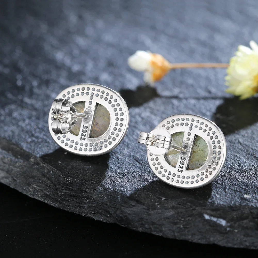 Clous d'Oreilles Ovales 8 x 10 mm en Pierre Naturelle – Labradorite, Cyanite ou Améthyste, Plaqué Argent