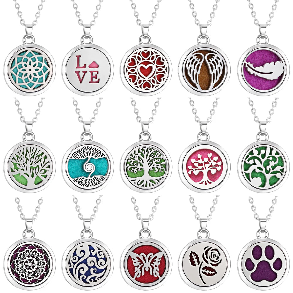 Collier Diffuseur d'Huiles Essentielles en Acier – Médaillon Arbre de Vie, Lotus, Fleur de Vie, 15 Motifs