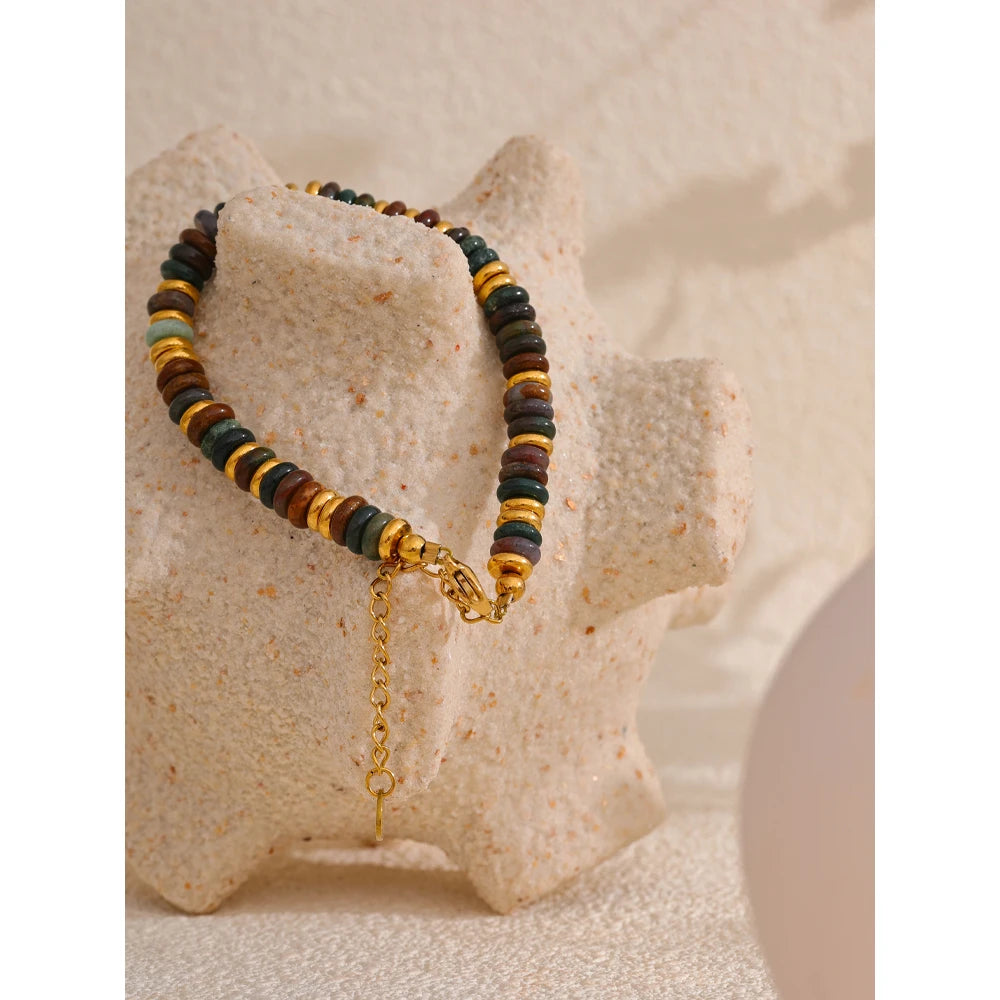 Bracelet Perles Heishi en Pierre Naturelle et Acier Doré – Œil de Tigre, Amazonite, 8 Pierres
