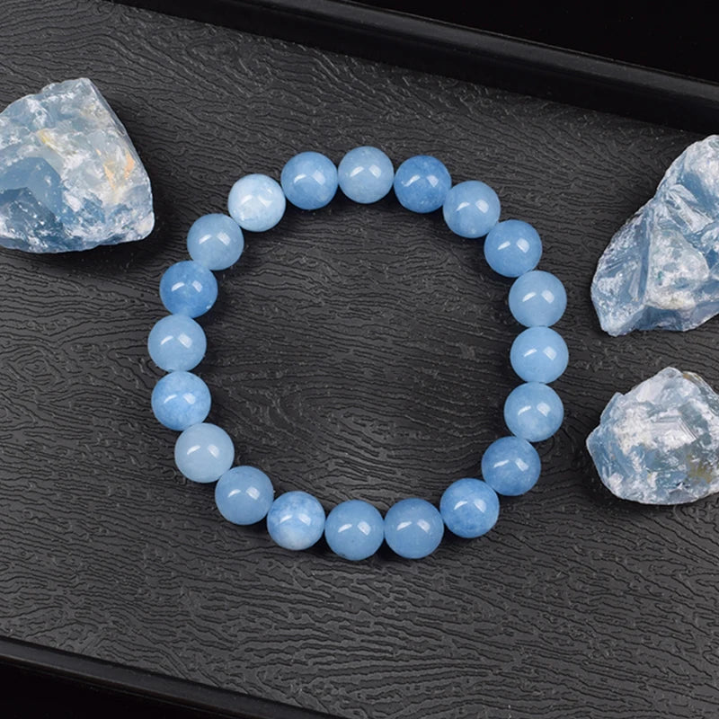 Bracelet Aigue-Marine Naturelle – Perles Bleu Ciel 6 ou 8 mm, 17 à 21 cm, Élastique