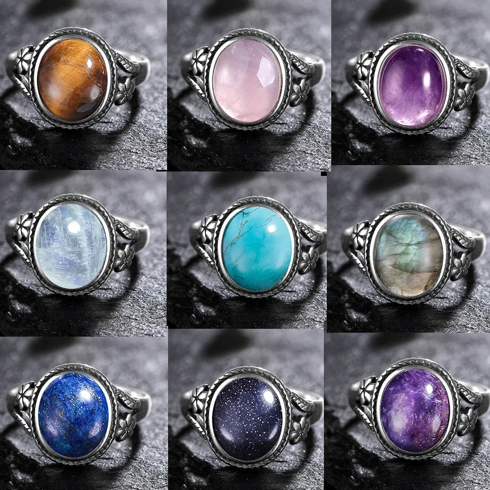 Bague Vintage Ovale en Pierre Naturelle – Monture Argentée Ciselée, Pierre de Lune, Labradorite, Charoïte…