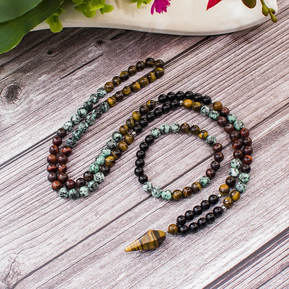 Mala 108 Perles Onyx Noir et Turquoise Africaine 8 mm – Pendentif Pointe Œil de Tigre, avec ou sans Bracelet