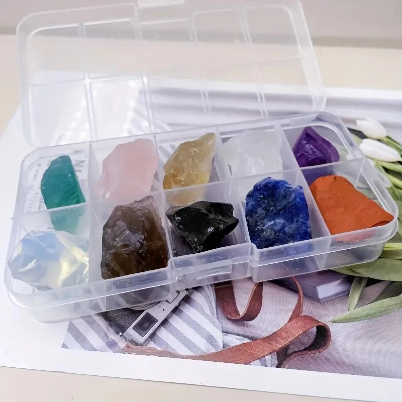Coffret de 10 Pierres Brutes et Minéraux – Améthyste, Fluorite, Citrine, Quartz Rose… avec Boîte