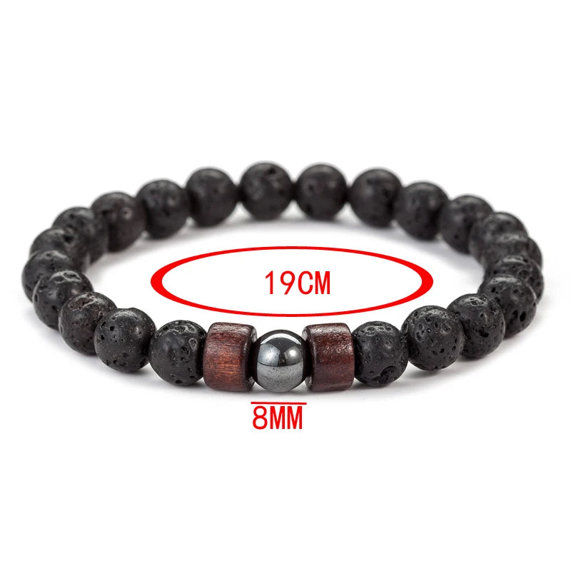 Bracelet Homme Pierre de Lave et Perles de Bois 8 mm – 3 Modèles, Style Tibétain