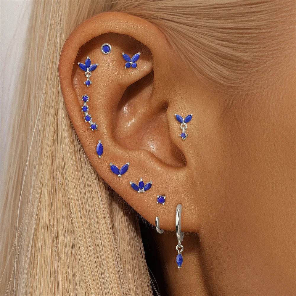 Piercing en Argent 925 et Lapis-Lazuli – Clou Plat Étoile, Fleur, Papillon, 16 Modèles Doré ou Argenté