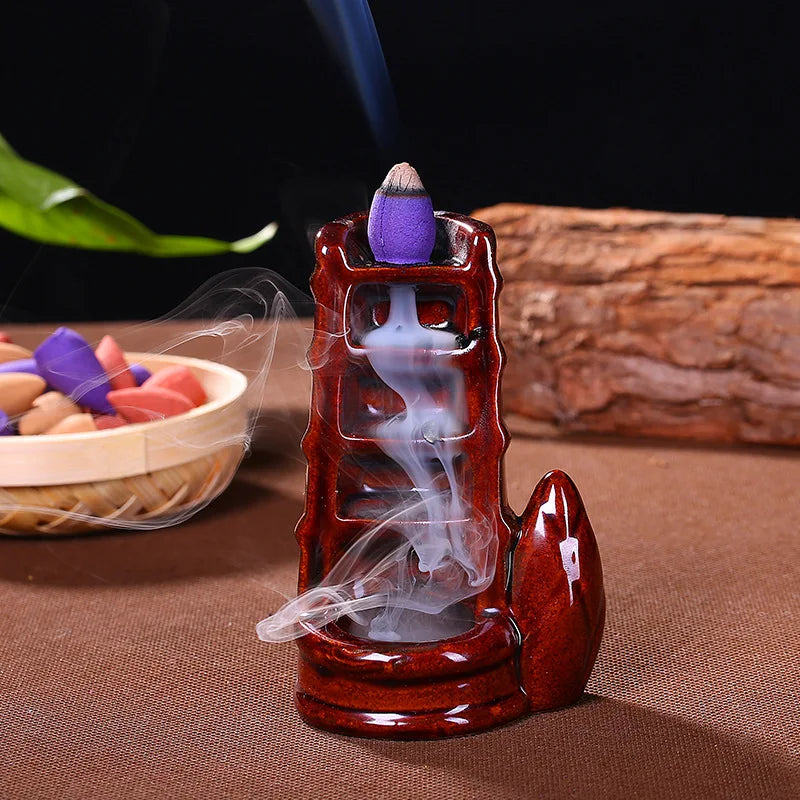 Brûleur d'Encens à Reflux Main de Bouddha et Lotus – Céramique Noire, Petit Modèle