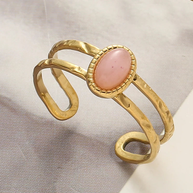 Bague Pierre Naturelle Ajustable – Acier Inoxydable, Style Vintage, 5 Pierres au Choix